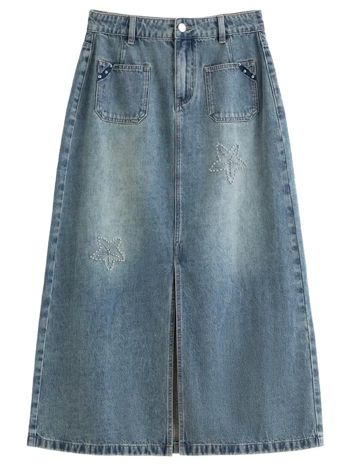 DUSHU 2026 Nouvelle Jupe Midi en Jean Brodé Étoile de Mer pour Femme, Jupe Longue Vintage Coupe Trap