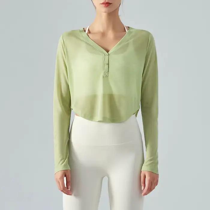 T-shirt à manches longues et col en v pour femme, vêtement Simple et Simple, résistant au soleil