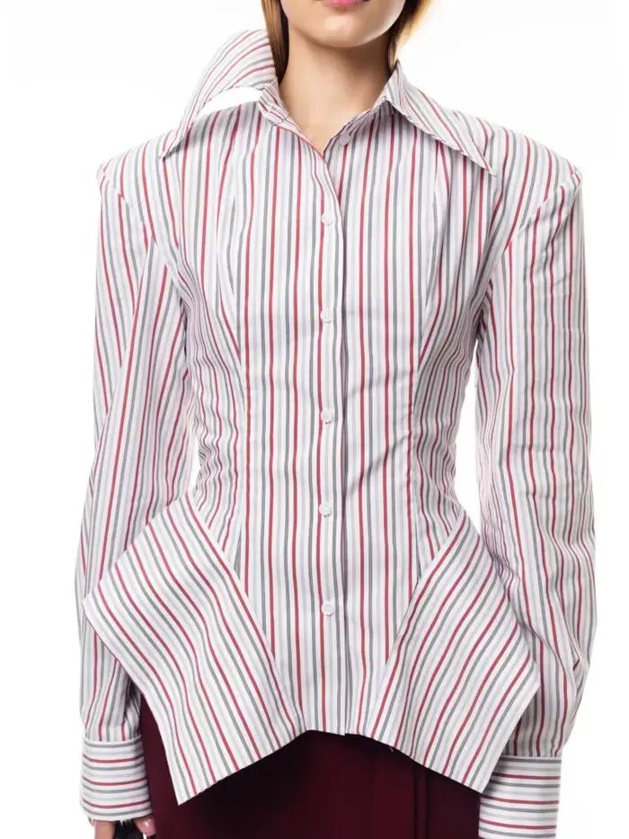 Chemisier rayé élégant DFDG pour femme, collection Printemps-Été 2026, col pointu, manches longues,