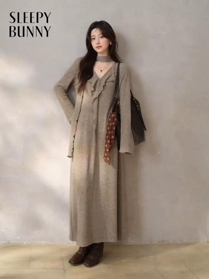 Robe française élégante en tricot, col en v, manches longues, élastique, Maxi, Design asymétrique, r