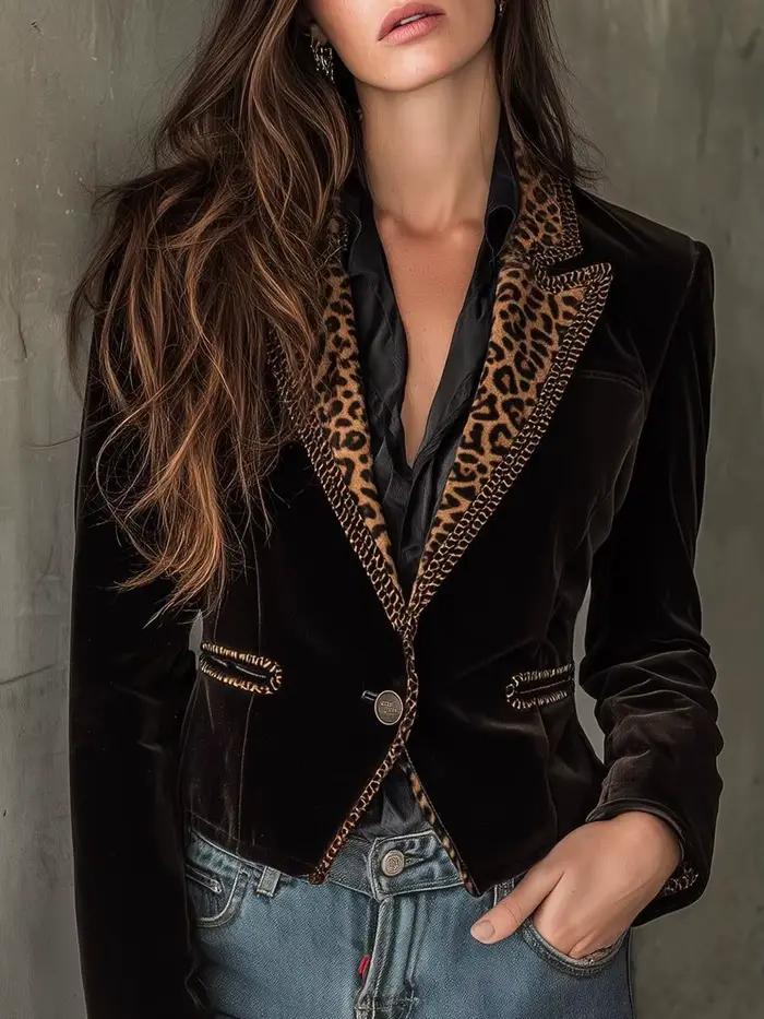 Veste à col léopard pour femmes, automne, bouton unique, Slim, velours, Vintage, élégant, bureau, ma
