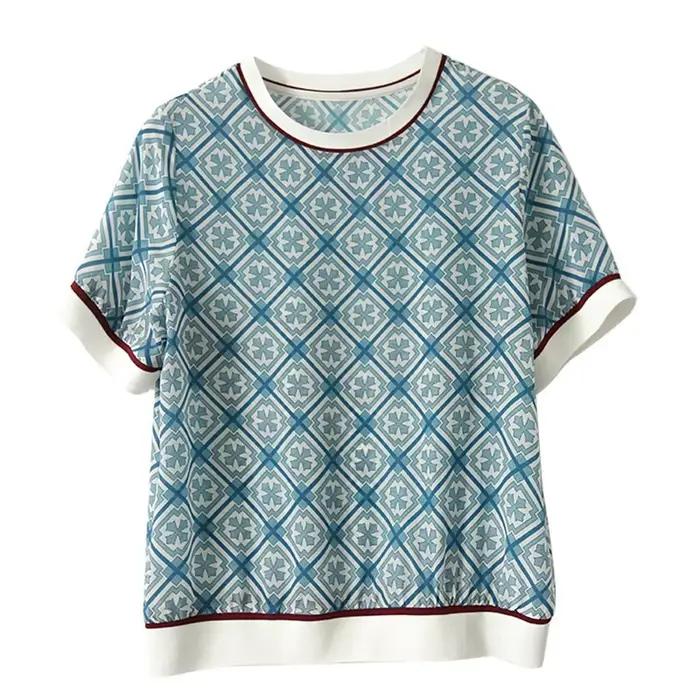 Nouveauté Été 2026 : T-shirt décontracté pour femme, à manches courtes, en soie glacée, imprimé cont