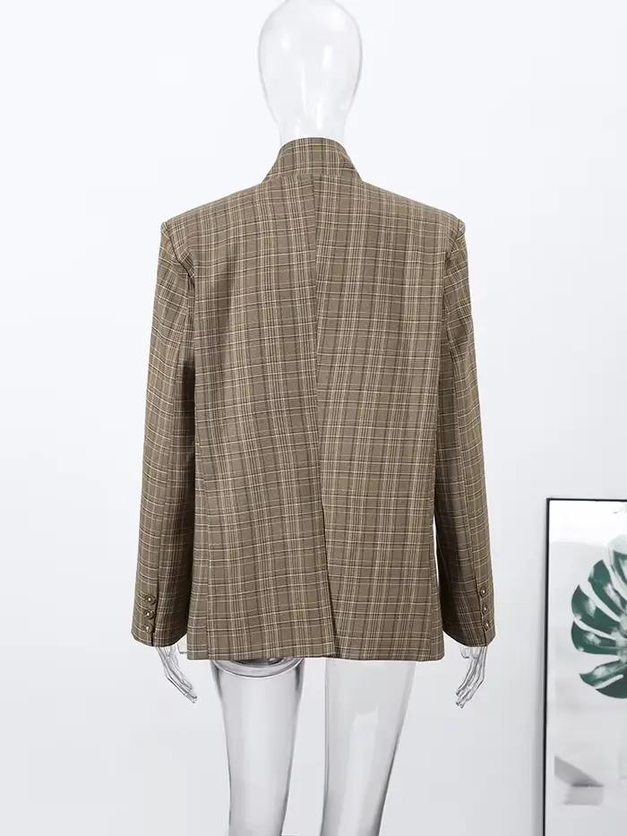 Nouveau Blazer Vintage à Carreaux pour Femme, Col Montant, Un Bouton, Poches, Veste de Costume Fémin