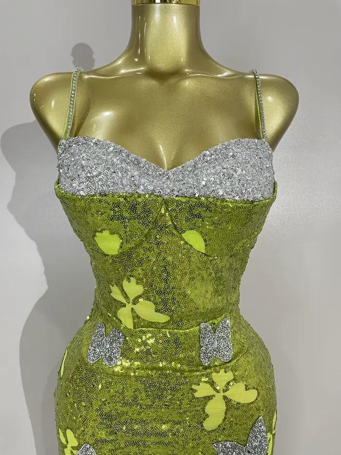 Élégant brillant papillon cristal Sexy licou vert moulante longue robe femmes célébrer soirée fête d