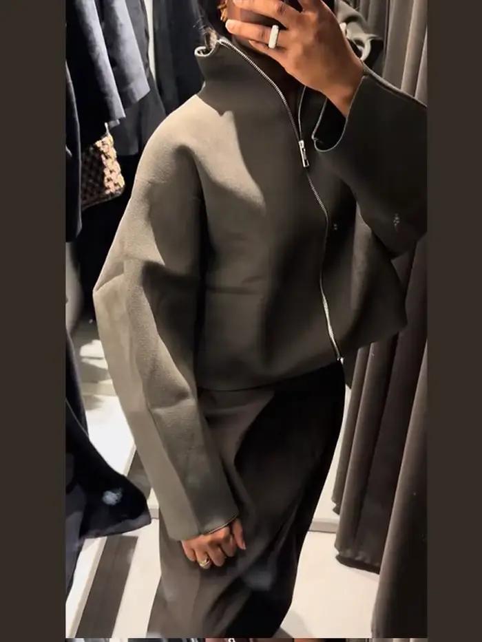 Veste courte Vintage à col montant pour femme, manteau ample et chaud avec fermeture éclair, manches