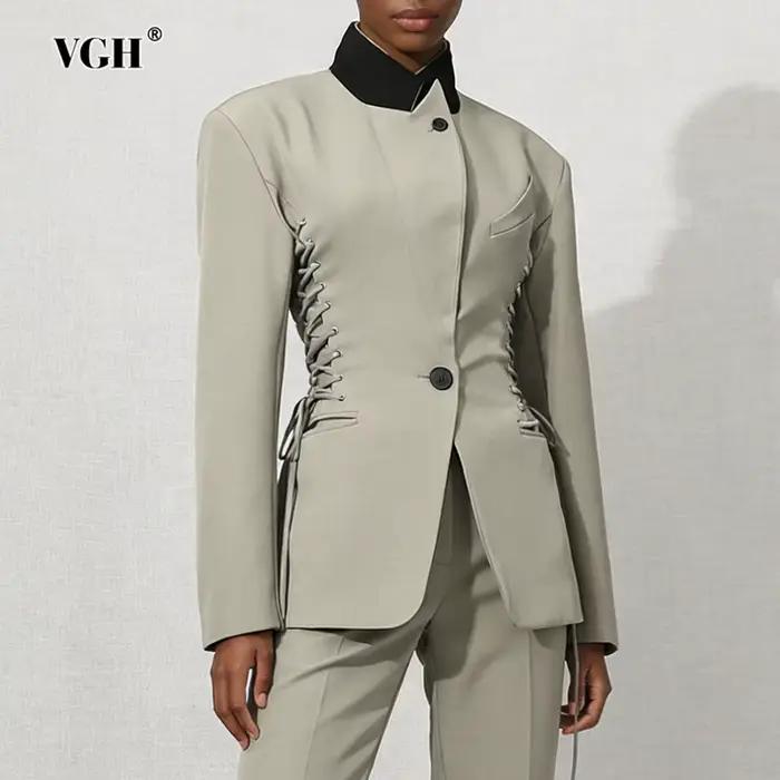 VGH Design Sense – vestes unies à lacets pour femmes, col montant, manches longues, boutons épissés,
