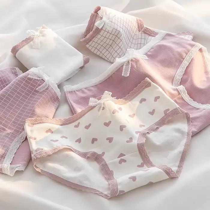 Lot de 5 culottes en coton pour femmes, sous-vêtements imprimés, slips pour filles, respirants et do