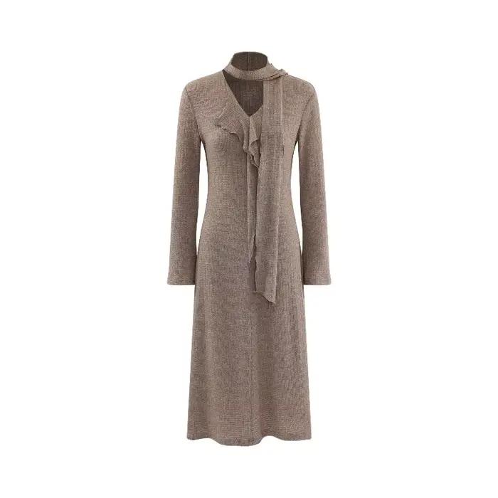 Robe française élégante en tricot, col en v, manches longues, élastique, Maxi, Design asymétrique, r