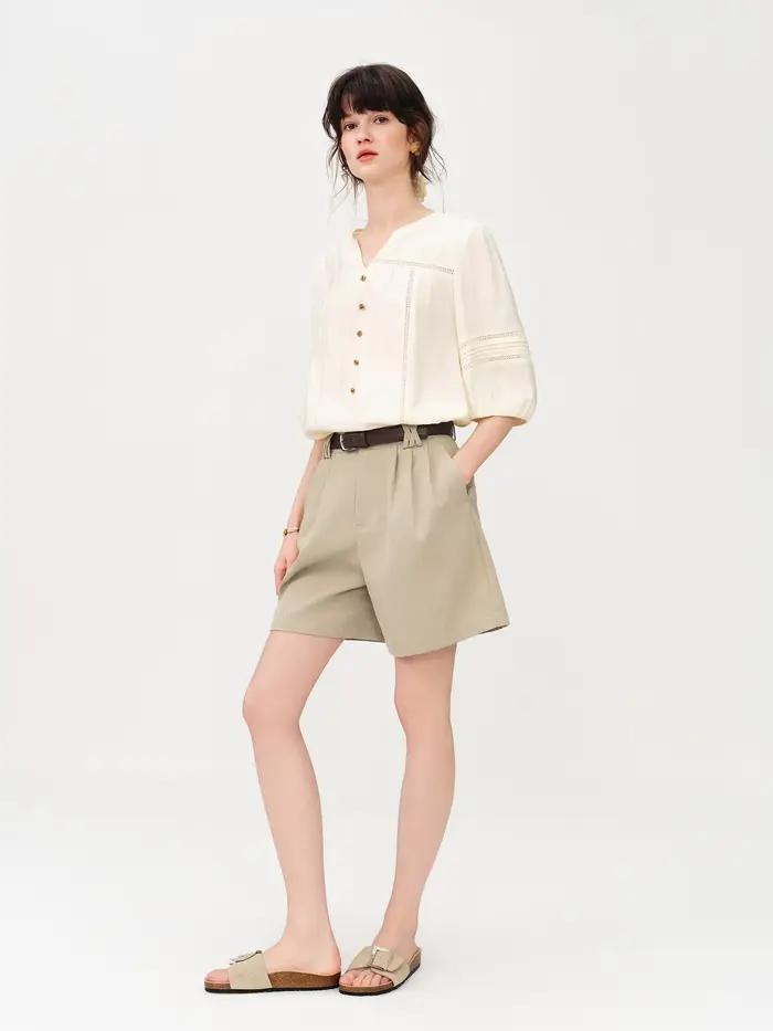 Shorts décontractés classiques en mélange de lin pour femme FSLE 2026 - Couleur unie, coupe régulièr