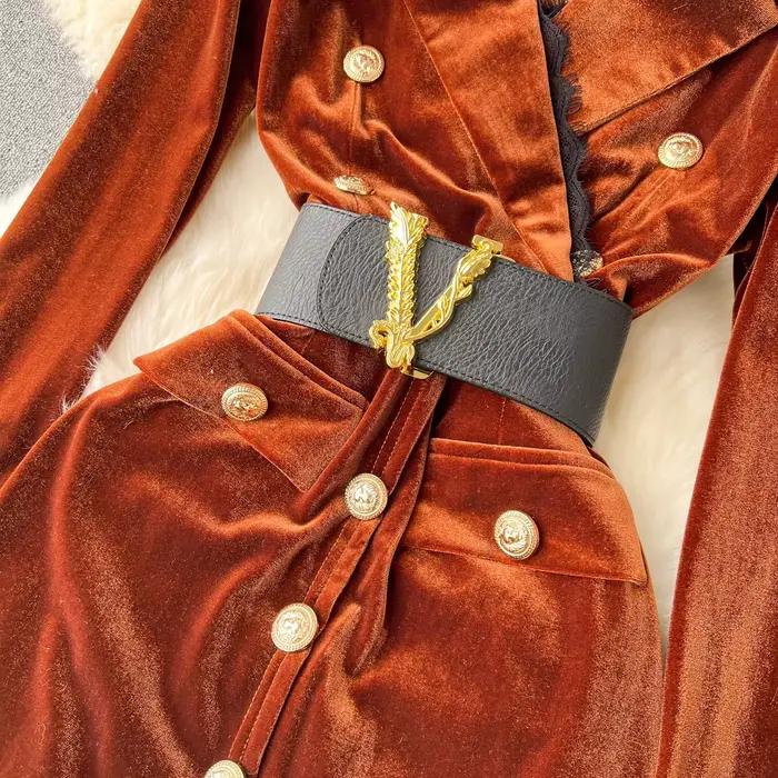 Robe en velours pour femmes, élégante, col en v, manches longues, mode, boutons moyens, gaine fendue