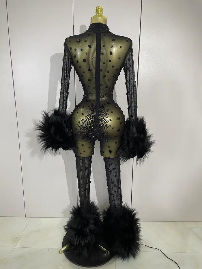 STOCK luxe diamant noir maille Transparent extensible à manches longues combinaison femmes Sexy Perf