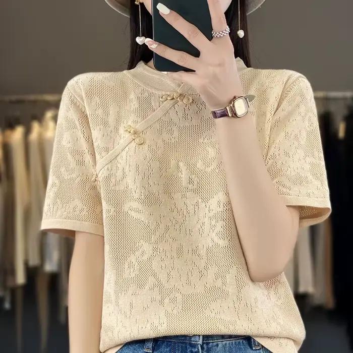 T-shirt à manches courtes pour femme, pull creux en jacquard tridimensionnel, t-shirts d'été, pull c