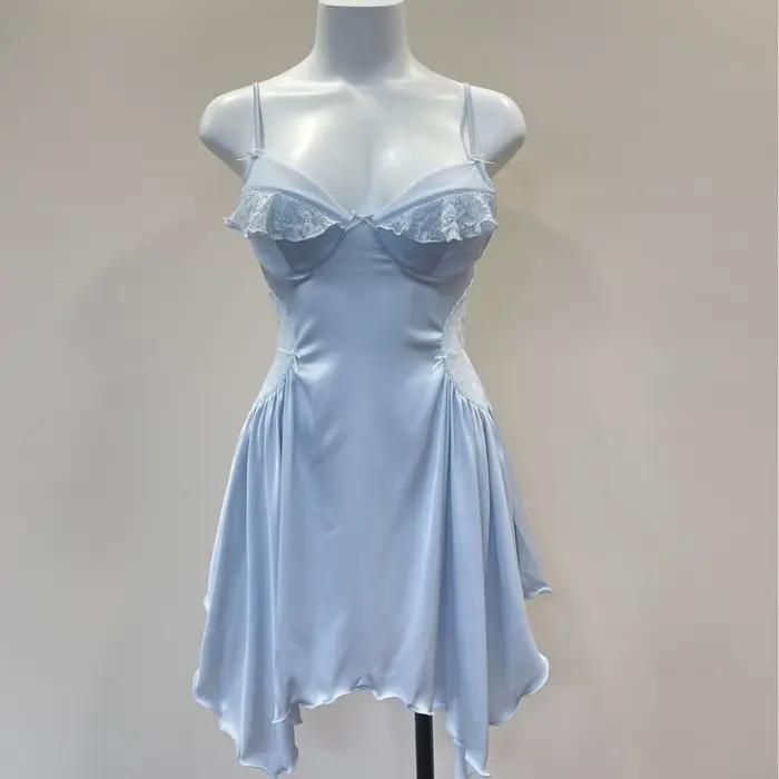 Chemise de nuit française Sexy en soie glacée, pyjama pur pour femmes, maille et dentelle avec couss