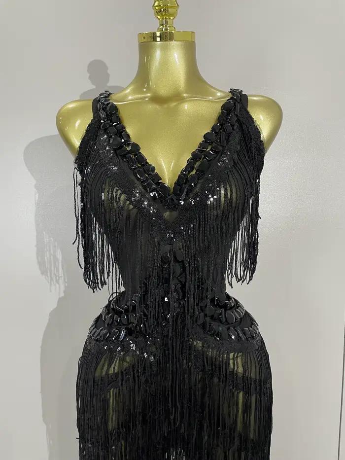Combinaison à franges et paillettes pour femmes, strass noirs scintillants, tenue Sexy pour boîte de