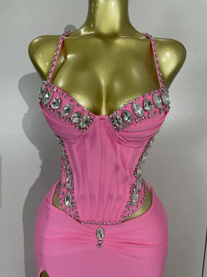 Robe à bandes rose, élégante, Sexy, dos nu, moulante, sans manches, pour femmes, bal, Club, soirée,