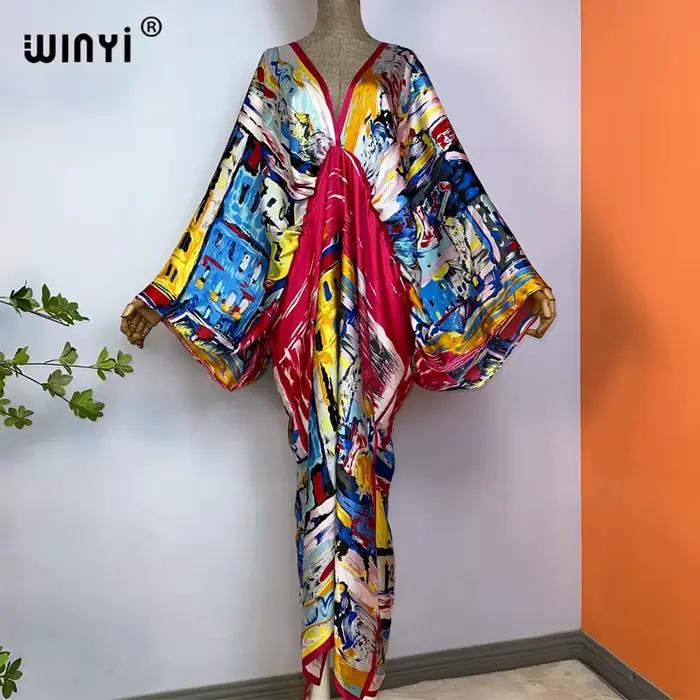 WINYI-Robe longue à col en V pour femme, robe de plage sexy, sensation de soie, mode bohème, robe de