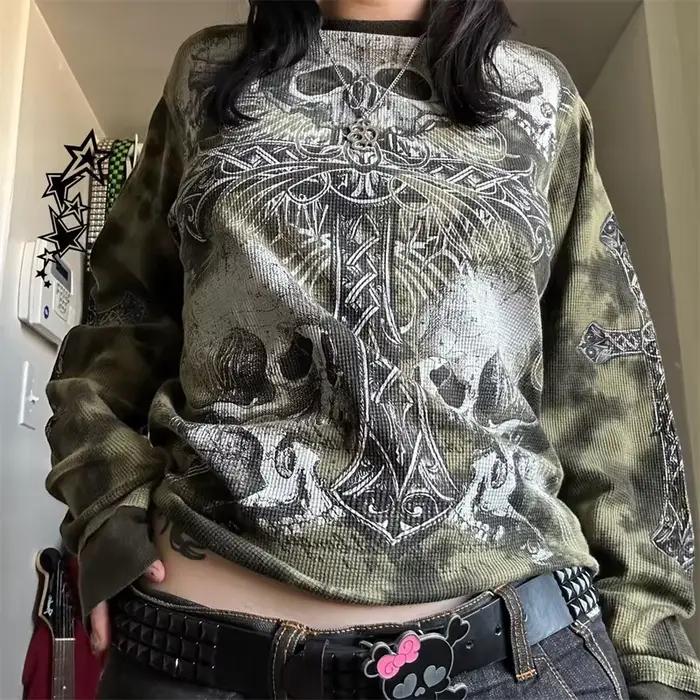 Y2k gothique Grunge croix crâne imprimé T-shirt pour femmes automne à manches longues 90s E fille Vi