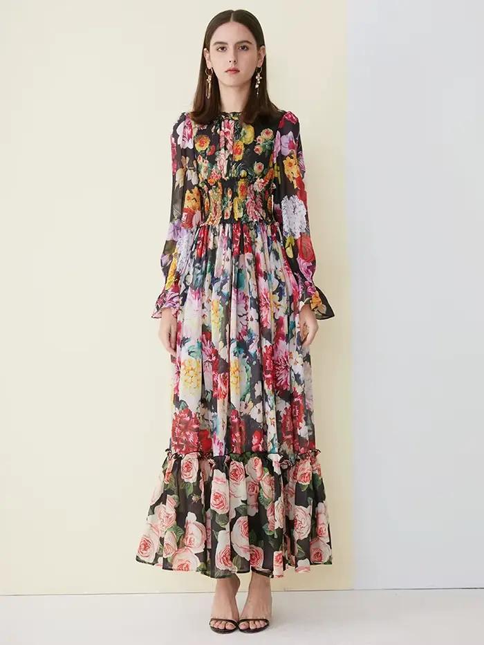 Robe d'été élégante en mousseline de soie pour femmes, imprimé floral, manches longues, col à volant