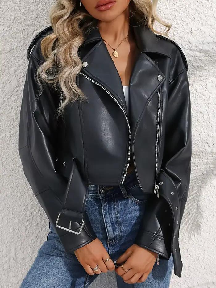 Ailegogo printemps automne femmes Faux cuir Pu veste courte avec ceinture moto motard femme fermetur