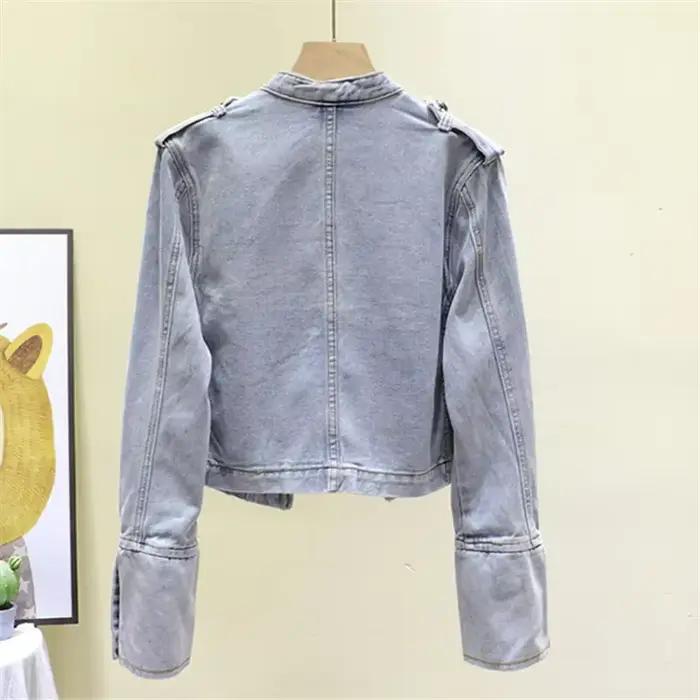 Printemps femmes col montant Double boutonnage Denim veste automne mince court jean veste noir à man