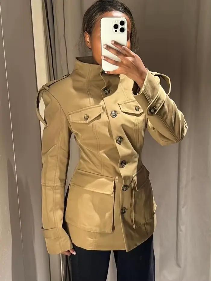 HH femmes automne mode vestes manches longues col haut poches simple boutonnage décorer manteaux fem
