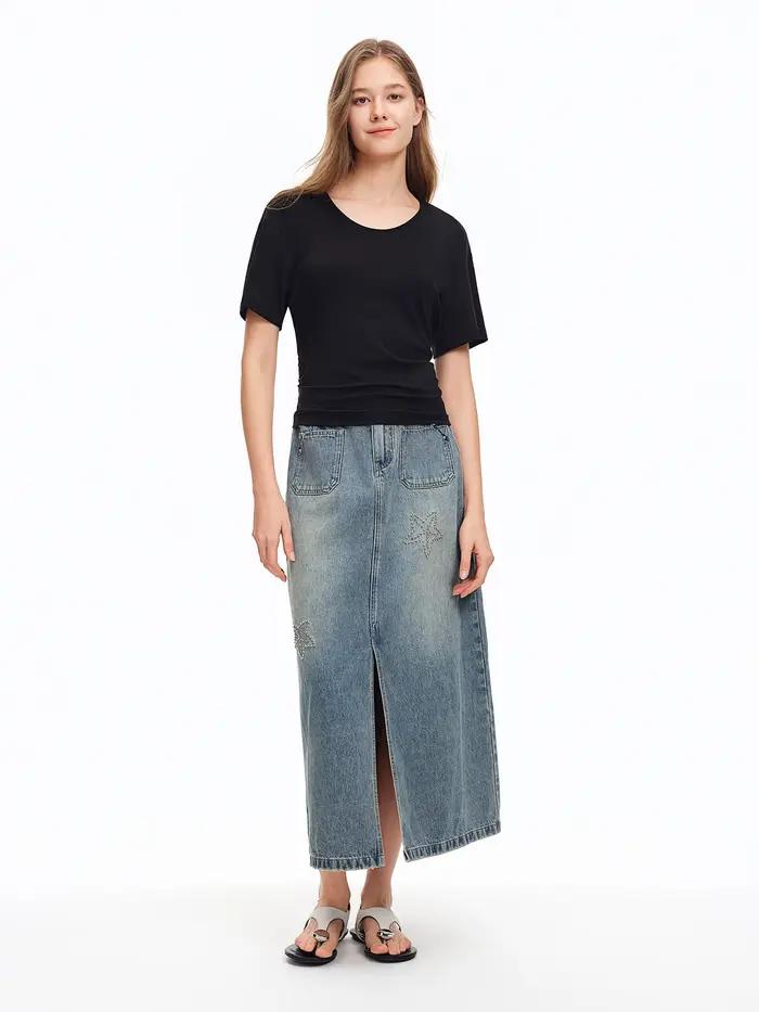 DUSHU 2026 Nouvelle Jupe Midi en Jean Brodé Étoile de Mer pour Femme, Jupe Longue Vintage Coupe Trap