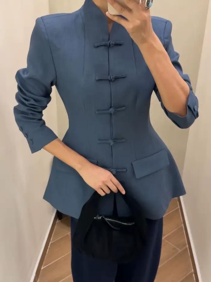 Blazer pour femme BJTZ à col mandarin, manches longues, boutons grenouillère, coupe ajustée, veste d