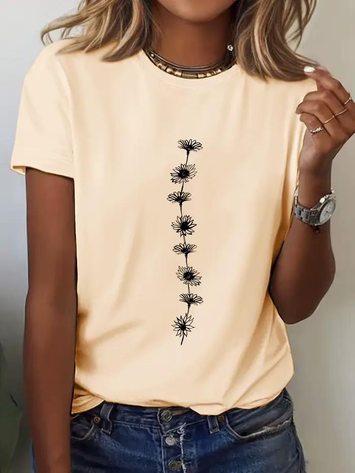 T-Shirt décontracté imprimé tournesol pour femmes, haut à manches courtes et col rond, parfait pour