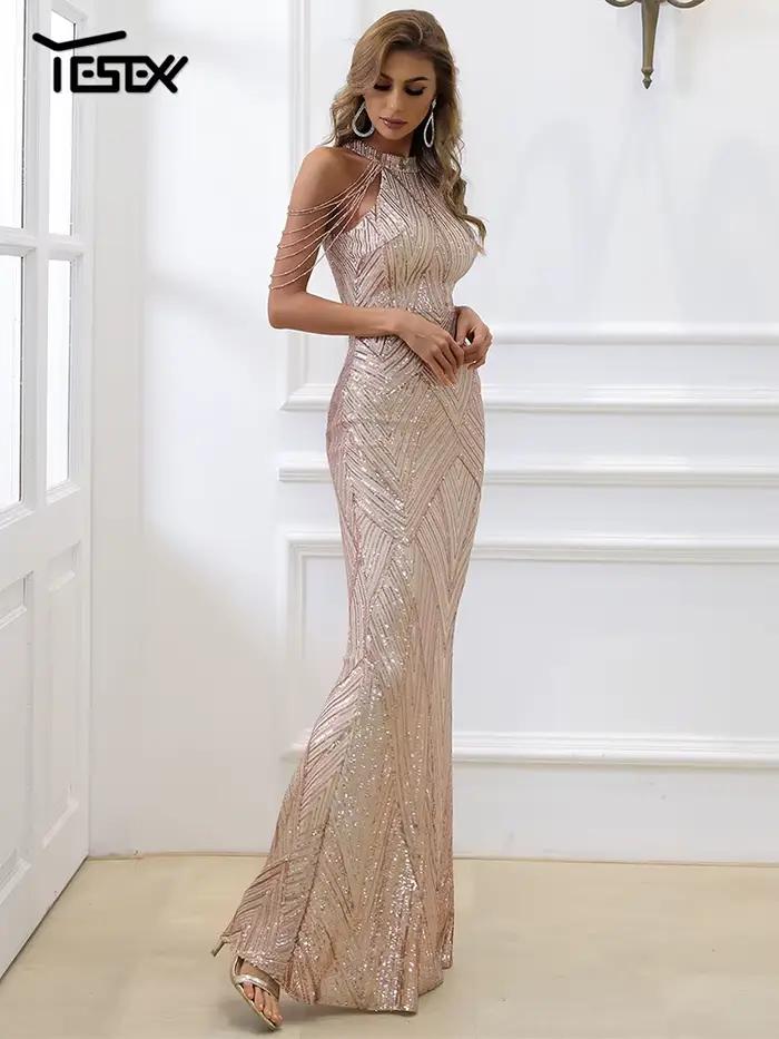 Yesexy-Robe longue perlée à sequins pour femmes, robe de soirée élégante, licou sexy, maxi, robes de