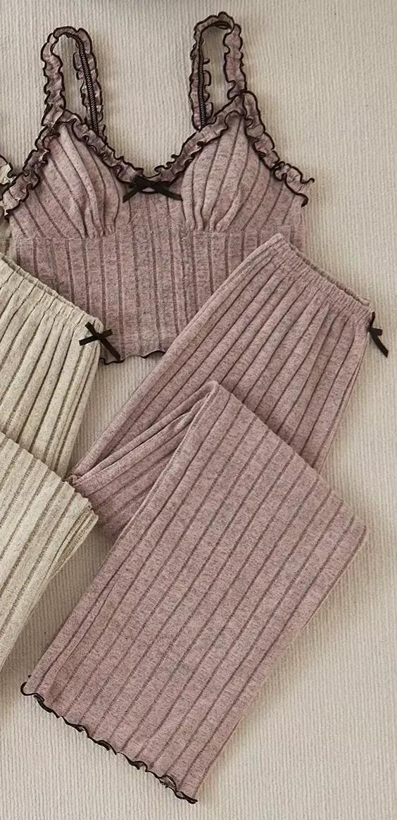 Pyjama femme nouvelle offre spéciale pyjama femme nœud bouclé rayé bretelles pantalon ensemble de vê