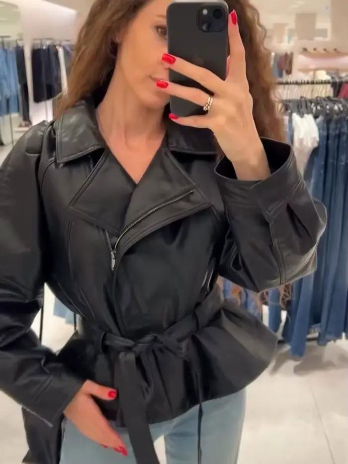 HH femmes mode noir court Faux cuir Trench manteau à manches longues revers veste avec ceinture Vint