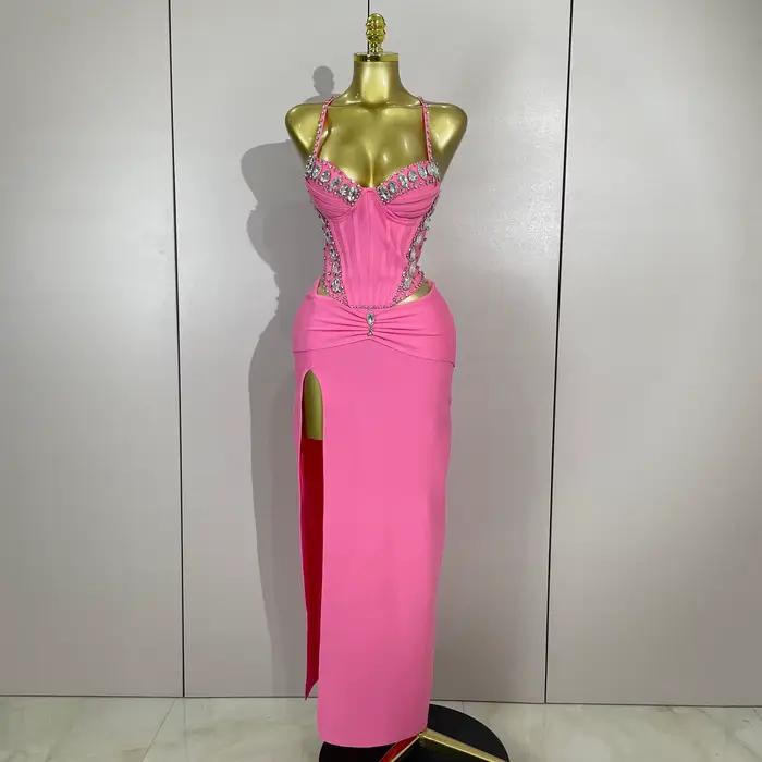 Robe à bandes rose, élégante, Sexy, dos nu, moulante, sans manches, pour femmes, bal, Club, soirée,