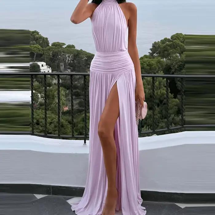 Robe de soirée d'été ajourée, sans manches, taille haute, mode, dos nu, couleur unie, longue, Sexy,