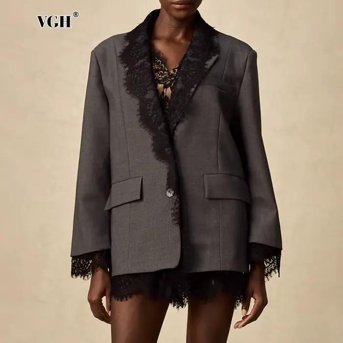 VGH-Blazer Chic en Dentelle Épissée pour Femme, Col Cranté, Manches sulf, Style de Vêtement Féminin
