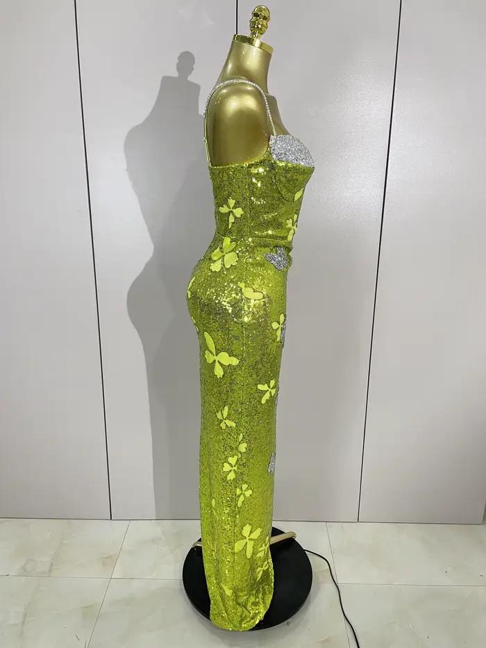 Élégant brillant papillon cristal Sexy licou vert moulante longue robe femmes célébrer soirée fête d