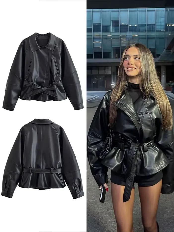 HH femmes mode noir court Faux cuir Trench manteau à manches longues revers veste avec ceinture Vint