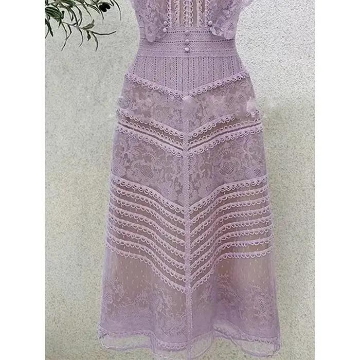 Robe de Luxe en Dentelle Violette pour Femme, Tenue Vintage Brodée de Fleurs, Col Rond, Élégante, Ta