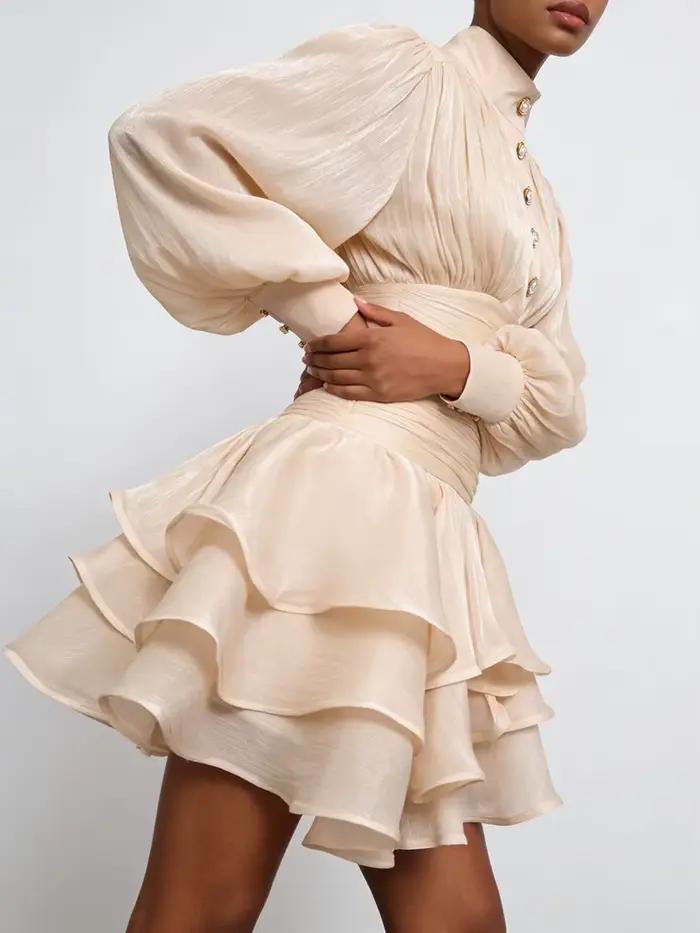 Robes courtes décontractées de style plage VGH pour femmes, col montant, manches longues, taille hau