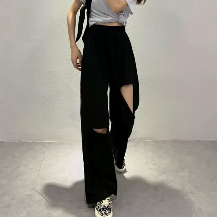 Pantalon Harajuku à jambes larges ajouré pour femmes, jogging, troué, Streetwear Chic, pantalon droi