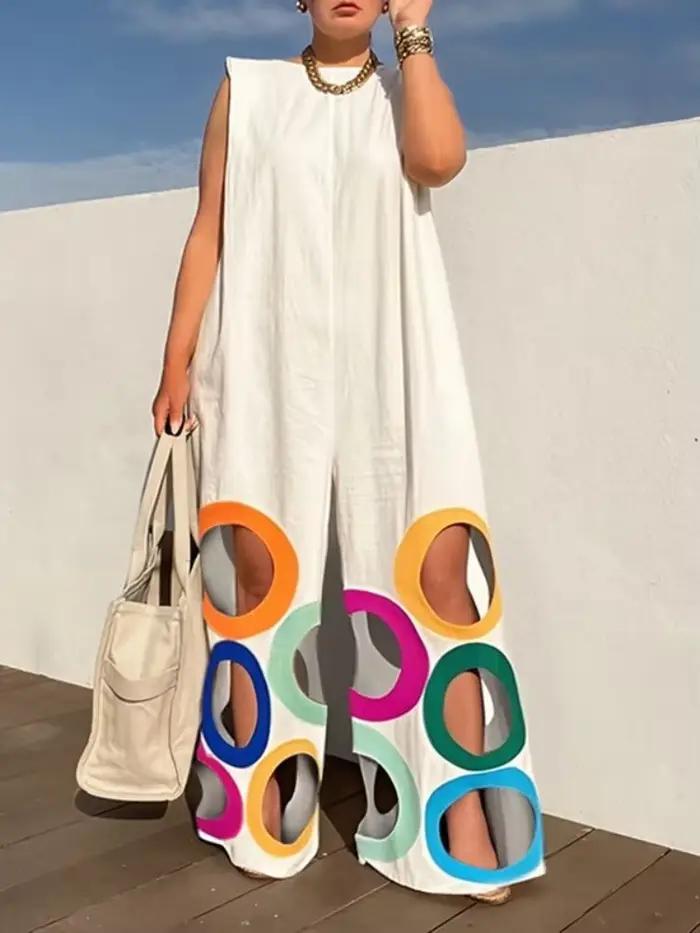 UOOZEE femmes été coloré cercle découpes évider combinaisons sans manches surdimensionné urbain déco