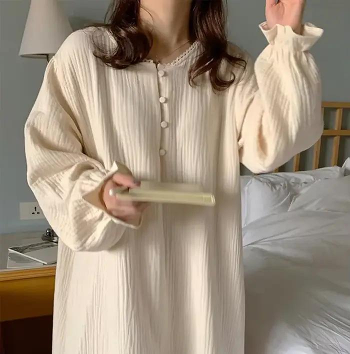 Robe 100% coton pour femmes, imprimé cerise, manches longues, boutonnée, Maxi, coréenne, confortable