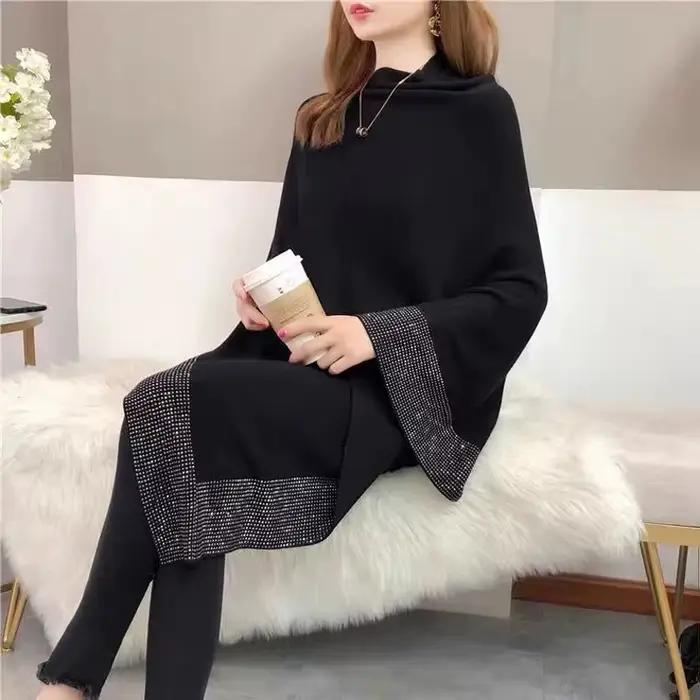 Nouvelle collection Printemps 2026 : Cape pull poncho en tricot de laine de luxe ornée de diamants,