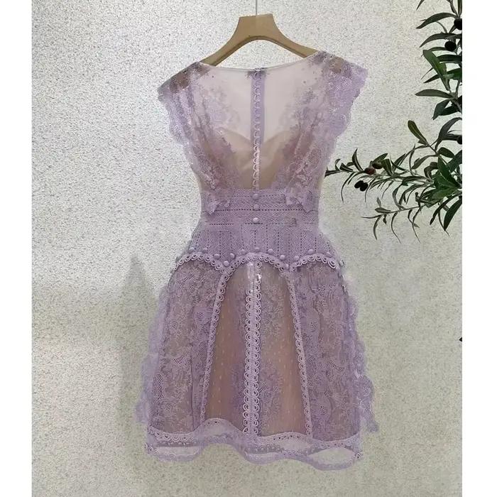 Robe de Luxe en Dentelle Violette pour Femme, Tenue Vintage Brodée de Fleurs, Col Rond, Élégante, Ta