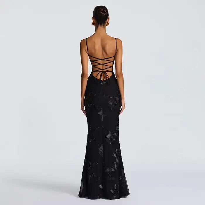 Suninheart robe sirène dos nu femmes Occasion formelle élégante robe à lacets maille broderie robe d