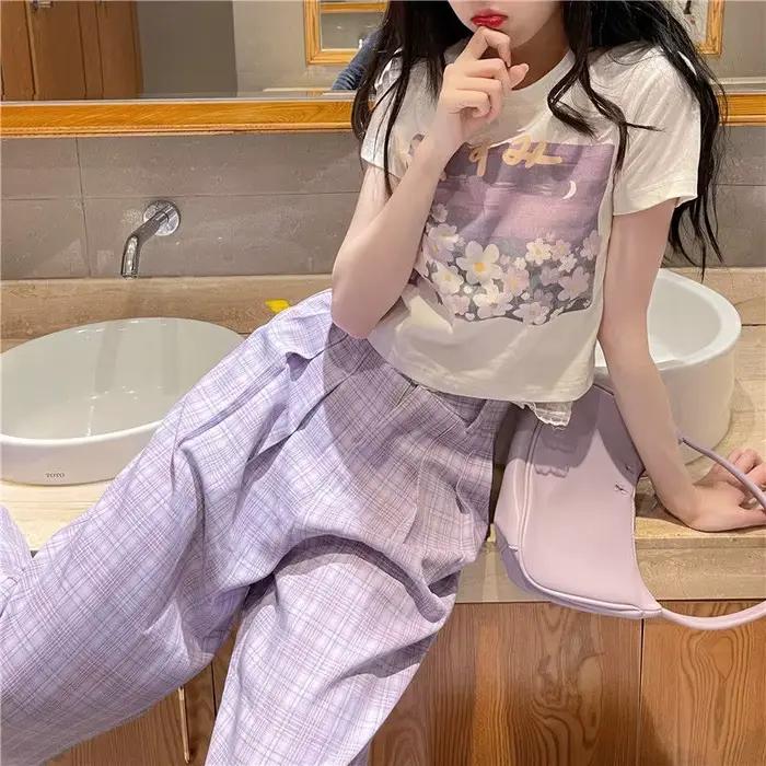 Ensemble haut court à manches courtes pour femmes, pantalon à carreaux adt, streetwear chic de loisi
