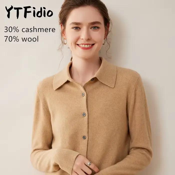 YTFidio cachemire laine mérinos pull femmes col POL à manches longues haut de luxe vêtements de créa