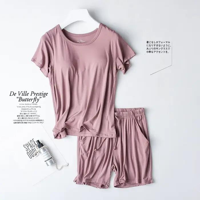 Ensemble de pyjama en coton modal pour femme, coussretours de poitrine, manches courtes, soutien-gor