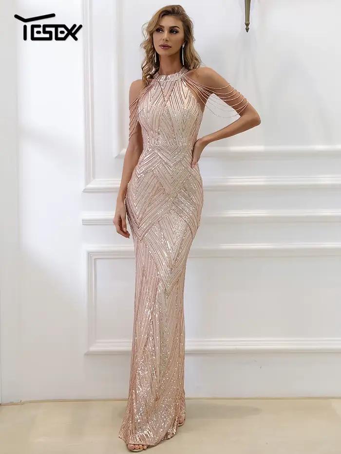 Yesexy-Robe longue perlée à sequins pour femmes, robe de soirée élégante, licou sexy, maxi, robes de