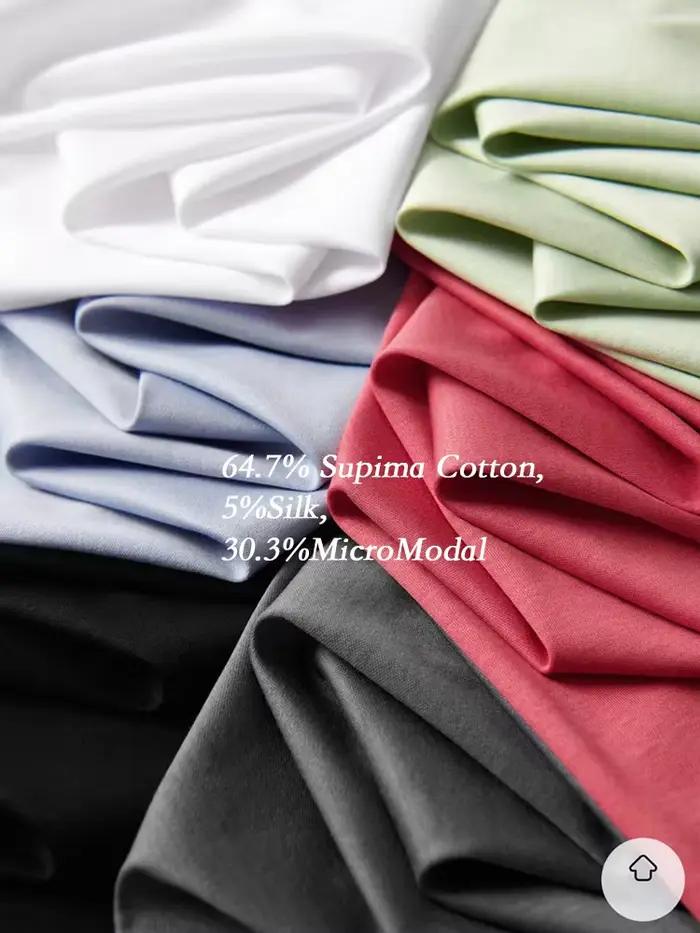 T-shirt en coton mercerisé et soie 5% pour femme, col rond, couleur unie, coupe ample, décontracté,