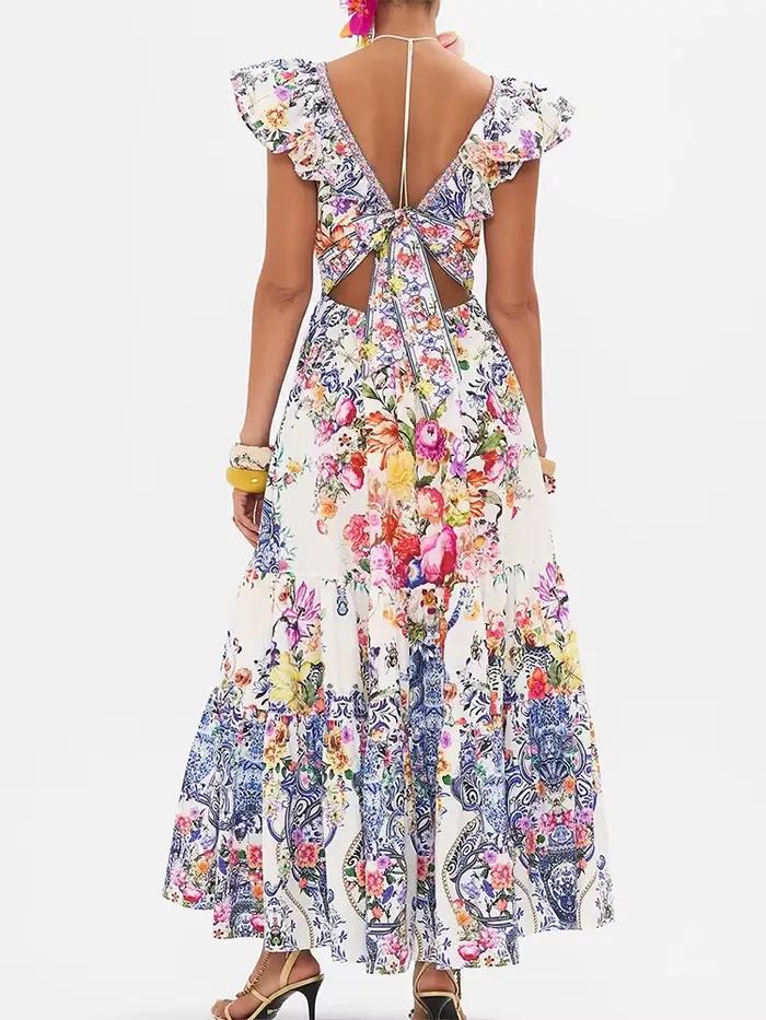 Robe rétro sexy à col en V profond pour femmes, manches Feifei imprimées, jupe haute, nouvelle robe